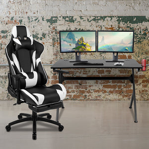 Black Gaming Desk and Black Footrest Reclining Gaming Chair Set with Cup Holder, Headphone Hook & 2 Wire Management Holes by Office Chairs PLUS