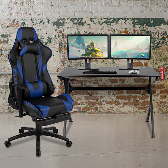 Black Gaming Desk and Blue Footrest Reclining Gaming Chair Set with Cup Holder, Headphone Hook & 2 Wire Management Holes by Office Chairs PLUS