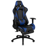 Black Gaming Desk and Blue Footrest Reclining Gaming Chair Set with Cup Holder, Headphone Hook & 2 Wire Management Holes