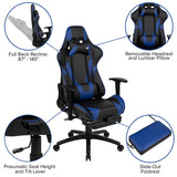 Black Gaming Desk and Blue Footrest Reclining Gaming Chair Set with Cup Holder, Headphone Hook & 2 Wire Management Holes
