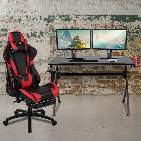 Black Gaming Desk and Red/Black Footrest Reclining Gaming Chair Set with Cup Holder, Headphone Hook & 2 Wire Management Holes by Office Chairs PLUS