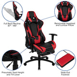Black Gaming Desk and Red/Black Footrest Reclining Gaming Chair Set with Cup Holder, Headphone Hook & 2 Wire Management Holes