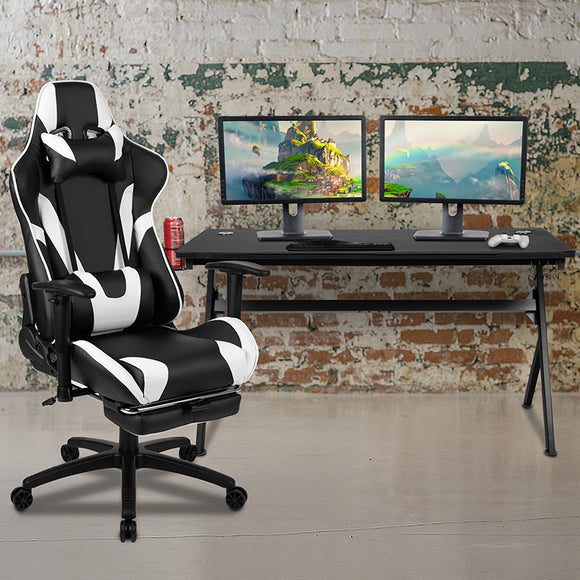 Gaming Desk and Black Footrest Reclining Gaming Chair Set - Cup Holder/Headphone Hook/Removable Mouse Pad Top/Wire Management by Office Chairs PLUS