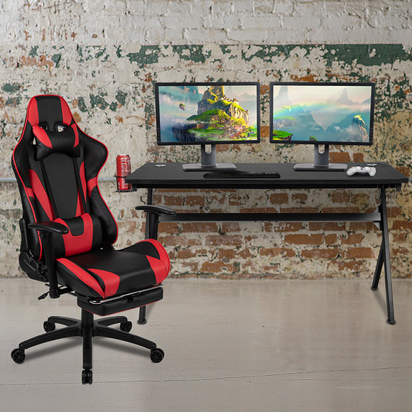 Gaming Desk and Red Footrest Reclining Gaming Chair Set - Cup Holder/Headphone Hook/Removable Mouse Pad Top/Wire Management by Office Chairs PLUS