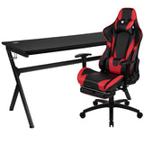 Gaming Desk and Red Footrest Reclining Gaming Chair Set - Cup Holder/Headphone Hook/Removable Mouse Pad Top/Wire Management