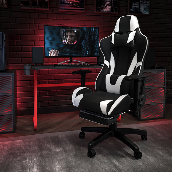 Red Gaming Desk and Black Footrest Reclining Gaming Chair Set with Cup Holder and Headphone Hook by Office Chairs PLUS
