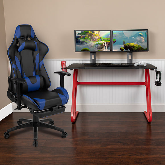 Red Gaming Desk with Cup Holder/Headphone Hook & Blue Reclining Gaming Chair with Footrest by Office Chairs PLUS