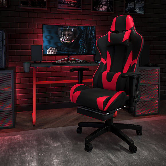 Red Gaming Desk and Red/Black Footrest Reclining Gaming Chair Set with Cup Holder and Headphone Hook by Office Chairs PLUS
