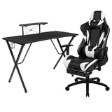 Black Gaming Desk and Black Footrest Reclining Gaming Chair Set with Cup Holder, Headphone Hook, and Monitor/Smartphone Stand