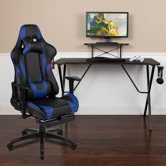 Black Gaming Desk with Cup Holder/Headphone Hook and Monitor/Smartphone Stand & Blue Reclining Gaming Chair with Footrest  by Office Chairs PLUS