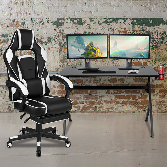 Black Gaming Desk with Cup Holder/Headphone Hook/2 Wire Management Holes & White Reclining Back/Arms Gaming Chair with Footrest  by Office Chairs PLUS