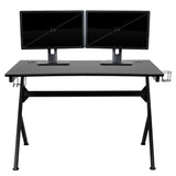 Black Gaming Desk with Cup Holder/Headphone Hook/2 Wire Management Holes & White Reclining Back/Arms Gaming Chair with Footrest