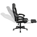 Black Gaming Desk with Cup Holder/Headphone Hook/2 Wire Management Holes & White Reclining Back/Arms Gaming Chair with Footrest