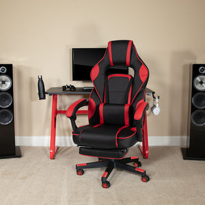 Red Gaming Desk with Cup Holder/Headphone Hook & Red Reclining Back/Arms Gaming Chair with Footrest by Office Chairs PLUS