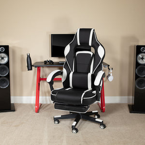 Red Gaming Desk with Cup Holder/Headphone Hook & White Reclining Back/Arms Gaming Chair with Footrest by Office Chairs PLUS