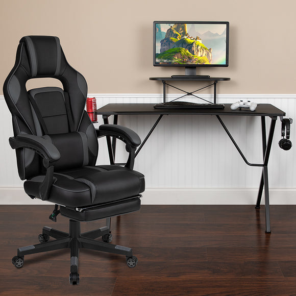Black Gaming Desk with Cup Holder/Headphone Hook/Monitor Stand & Black Reclining Back/Arms Gaming Chair with Footrest  by Office Chairs PLUS