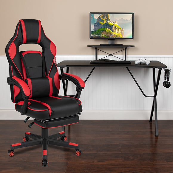 Black Gaming Desk with Cup Holder/Headphone Hook/Monitor Stand & Red Reclining Back/Arms Gaming Chair with Footrest  by Office Chairs PLUS