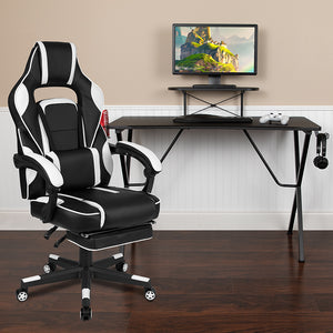 Black Gaming Desk with Cup Holder/Headphone Hook/Monitor Stand & White Reclining Back/Arms Gaming Chair with Footrest  by Office Chairs PLUS