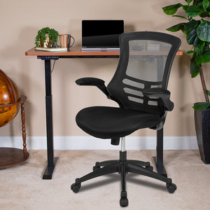 48"W x 24"D Mahogany Electric Height Adjustable Standing Desk with Black Mesh Swivel Ergonomic Task Office Chair by Office Chairs PLUS