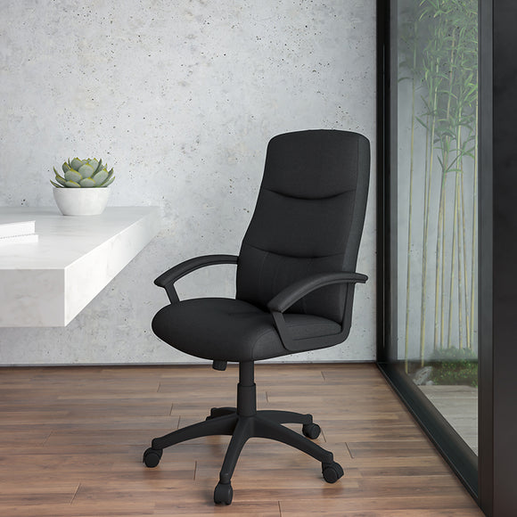High Back Black Fabric Executive Swivel Office Chair with Two Line Horizontal Stitch Back and Arms by Office Chairs PLUS
