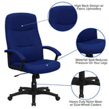 High Back Navy Blue Fabric Executive Swivel Office Chair with Two Line Horizontal Stitch Back and Arms