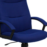 High Back Navy Blue Fabric Executive Swivel Office Chair with Two Line Horizontal Stitch Back and Arms