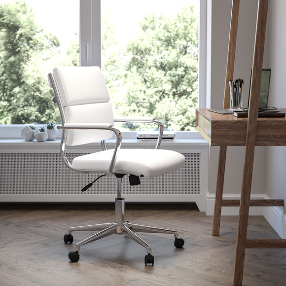 Mid-Back White LeatherSoft Contemporary Panel Executive Swivel Office Chair by Office Chairs PLUS