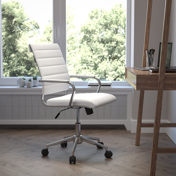 Mid-Back Armless White LeatherSoft Contemporary Ribbed Executive Swivel Office Chair by Office Chairs PLUS