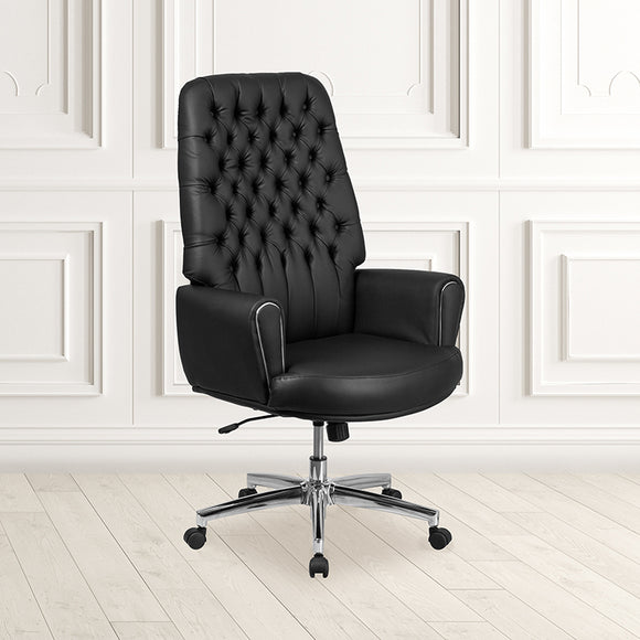 High Back Traditional Tufted Black LeatherSoft Executive Swivel Office Chair with Silver Welt Arms by Office Chairs PLUS