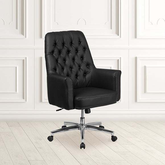 Mid-Back Traditional Tufted Black LeatherSoft Executive Swivel Office Chair with Arms by Office Chairs PLUS