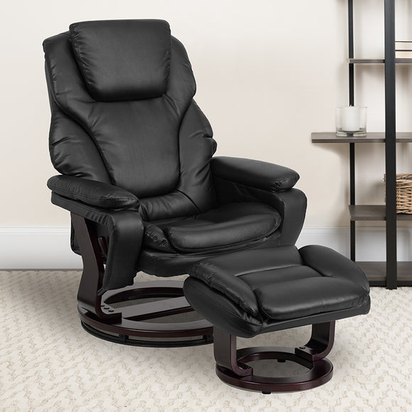 Contemporary Multi-Position Recliner and Ottoman with Swivel Mahogany Wood Base in Black LeatherSoft by Office Chairs PLUS