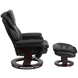 Contemporary Multi-Position Recliner and Ottoman with Swivel Mahogany Wood Base in Black LeatherSoft