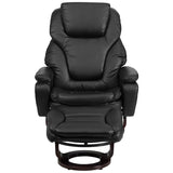 Contemporary Multi-Position Recliner and Ottoman with Swivel Mahogany Wood Base in Black LeatherSoft