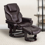 Contemporary Multi-Position Recliner and Ottoman with Swivel Mahogany Wood Base in Brown LeatherSoft by Office Chairs PLUS