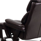Contemporary Multi-Position Recliner and Ottoman with Swivel Mahogany Wood Base in Brown LeatherSoft