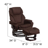 Contemporary Multi-Position Recliner and Ottoman with Swivel Mahogany Wood Base in Brown Microfiber