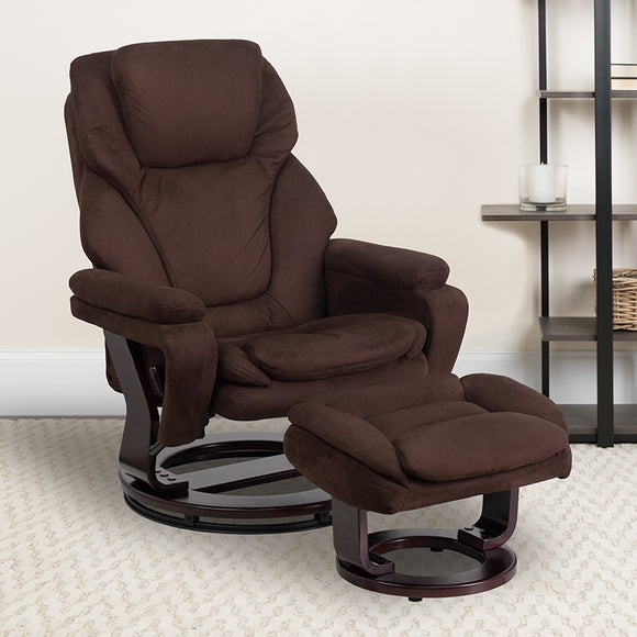 Contemporary Multi-Position Recliner and Ottoman with Swivel Mahogany Wood Base in Brown Microfiber by Office Chairs PLUS