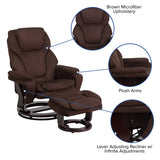 Contemporary Multi-Position Recliner and Ottoman with Swivel Mahogany Wood Base in Brown Microfiber