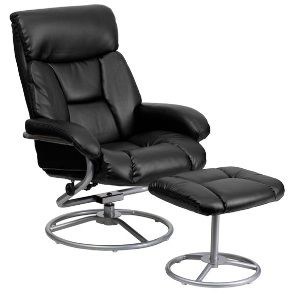 Contemporary Multi-Position Recliner and Ottoman with Metal Base in Black LeatherSoft by Office Chairs PLUS