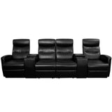 Anetos Series 4-Seat Reclining Black LeatherSoft Theater Seating Unit with Cup Holders