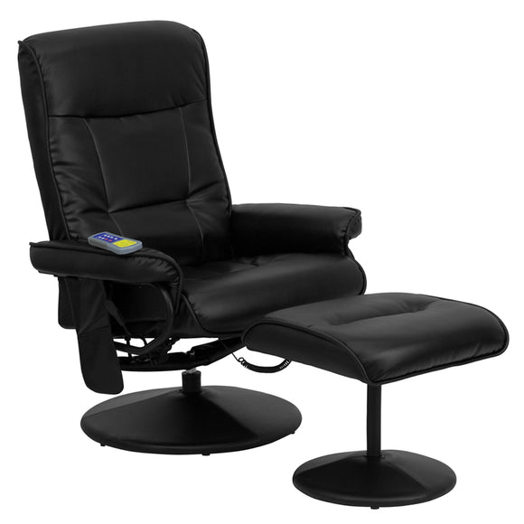 Massaging Multi-Position Recliner with Side Pocket and Ottoman in Black LeatherSoft by Office Chairs PLUS