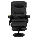 Massaging Multi-Position Recliner with Side Pocket and Ottoman in Black LeatherSoft