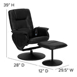 Massaging Adjustable Recliner with Deep Side Pockets and Ottoman with Wrapped Base in Black LeatherSoft