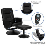 Massaging Adjustable Recliner with Deep Side Pockets and Ottoman with Wrapped Base in Black LeatherSoft