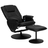 Massaging Adjustable Recliner with Deep Side Pockets and Ottoman with Wrapped Base in Black LeatherSoft