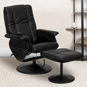 Massaging Heat Controlled Adjustable Recliner and Ottoman with Wrapped Base in Black LeatherSoft by Office Chairs PLUS