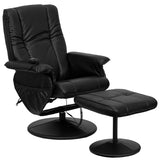Massaging Heat Controlled Adjustable Recliner and Ottoman with Wrapped Base in Black LeatherSoft