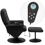 Massaging Heat Controlled Adjustable Recliner and Ottoman with Wrapped Base in Black LeatherSoft