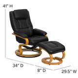 Contemporary Adjustable Recliner and Ottoman with Swivel Maple Wood Base in Black LeatherSoft