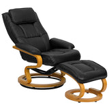 Contemporary Adjustable Recliner and Ottoman with Swivel Maple Wood Base in Black LeatherSoft